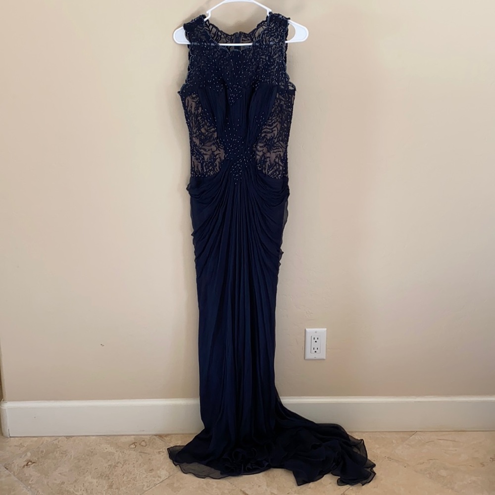 Tadashi Shoji Navy Silk Beaded Gown